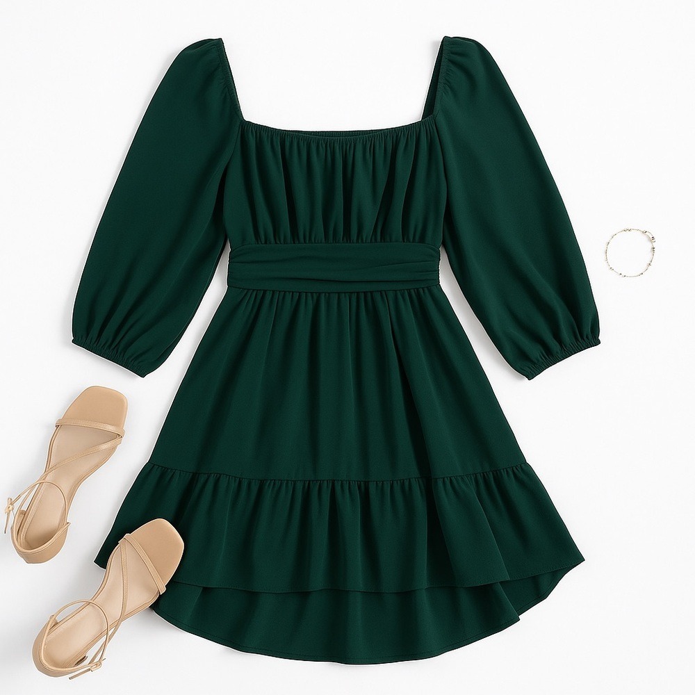 Exlura Green Cottagecore Square Neck Puff Sleeve High Low Dress Womens XL in EUC